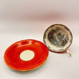 Aynsley Bone China Teacup Saucer Set Coral Orange Garden Pavilion B5336 Vintage